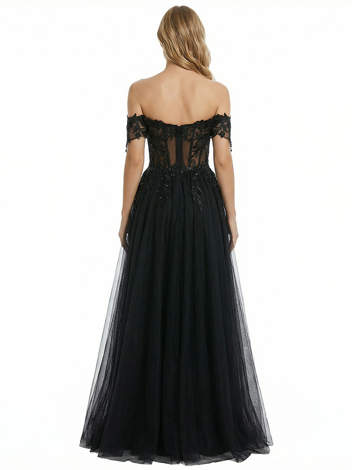 ChicSew Romantic Off Shoulder Dress Elegant Floral Lace Long A-Line Party Prom Gown Slit