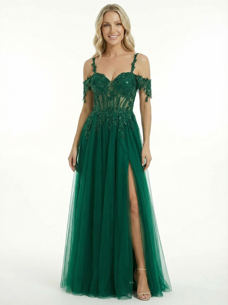 Elegant Lace Beaded Cold Shoulder A Line Side Slit Long Party Prom Dresses - ChicSew Elegant Lace Beaded Cold Shoulder A Line Side Slit Long Party Prom Dresses - ChicSew