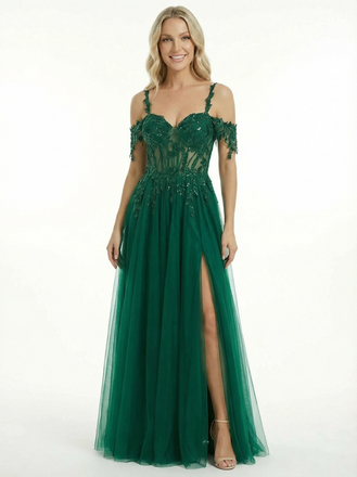 Elegant Lace Beaded Cold Shoulder A Line Side Slit Long Party Prom Dresses