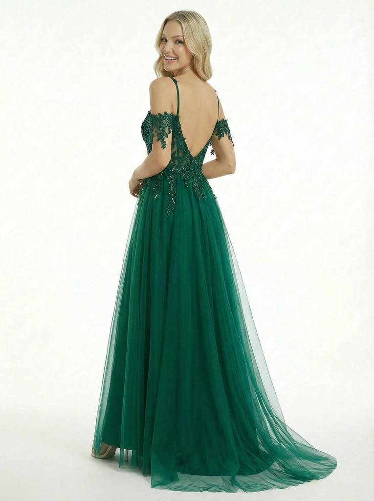 Elegant Lace Beaded Cold Shoulder A Line Side Slit Long Party Prom Dresses