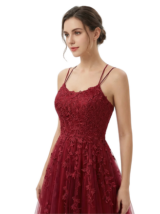 ChicSew Spaghetti Straps Lace Prom Gown Floor-Length A-Line Tulle Formal Dress