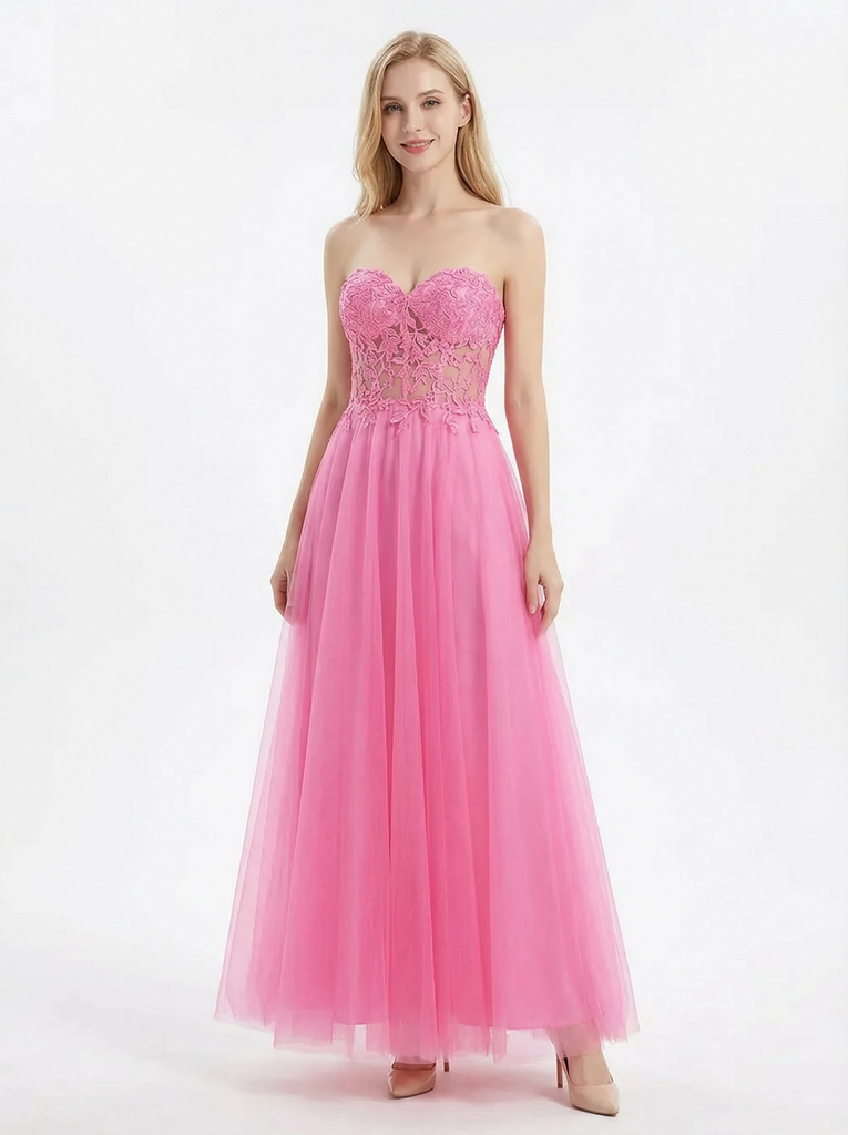 Strapless Sweetheart Lace A Line Long Party Grad Dresses