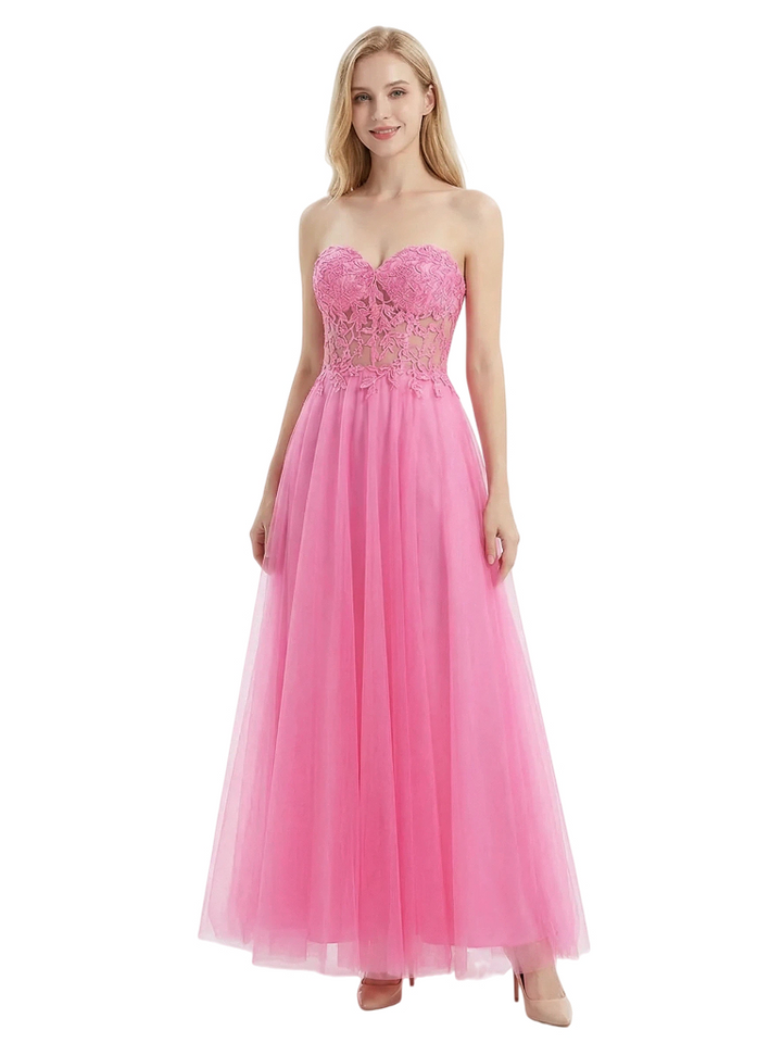 ChicSew Strapless Lace Corset A-Line Prom Gown Tulle Lace Up Back Maxi Dresses