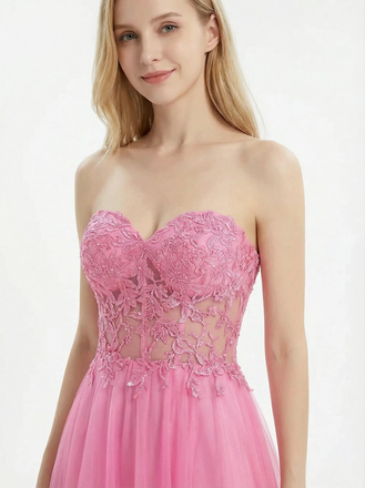Strapless Sweetheart Lace A Line Long Party Grad Dresses