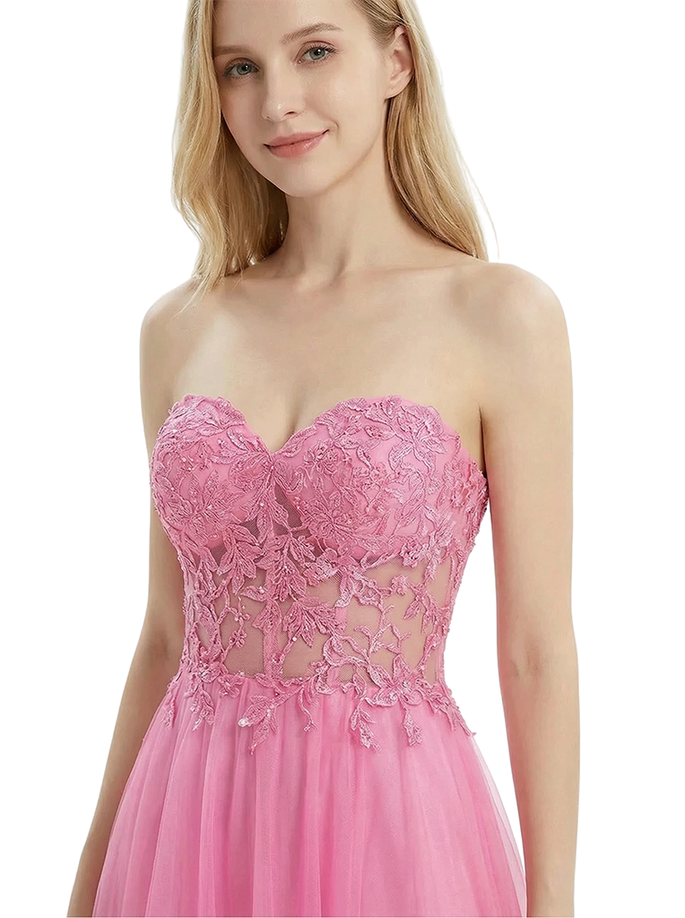 ChicSew Strapless Lace Corset A-Line Prom Gown Tulle Lace Up Back Maxi Dresses