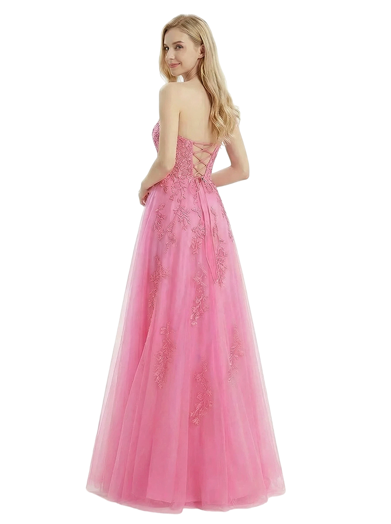 ChicSew Strapless Lace Corset A-Line Prom Gown Tulle Lace Up Back Maxi Dresses