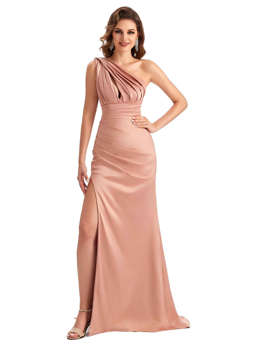 Sexy One Shoulder Side Slit Mermaid Unique Long Satin Party Dress