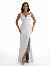 Elegant Womne's Mermaid Ruched Silky Satin Floor Length Evening Dresses Side Slit