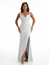 Elegant Womne's Mermaid Ruched Silky Satin Floor Length Evening Dresses Side Slit