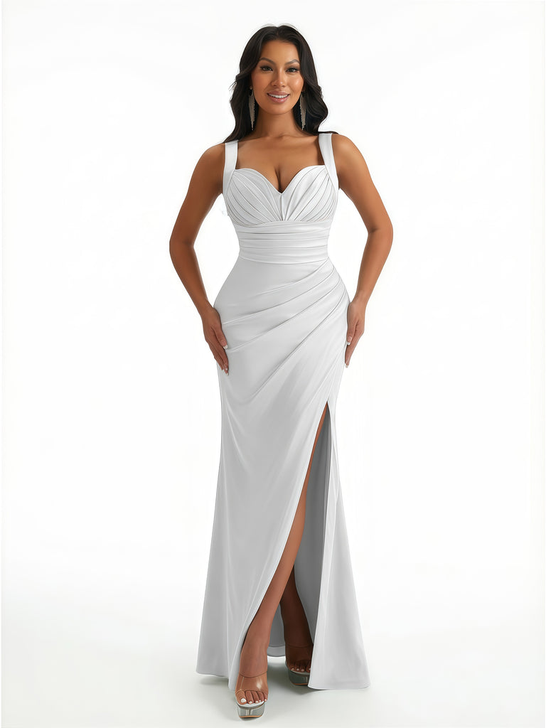 Elegant Womne's Mermaid Ruched Silky Satin Floor Length Evening Dresses Side Slit