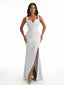 Elegant Womne's Mermaid Ruched Silky Satin Floor Length Evening Dresses Side Slit