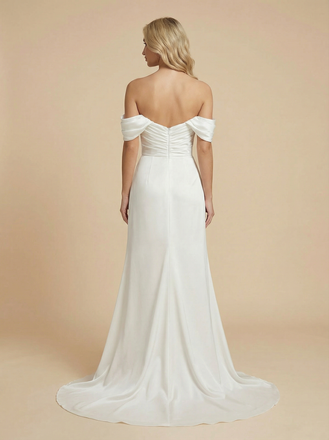 Mermaid Off Shoulder Side Slit Ruched Maxi Long Satin Wedding Dresses Online