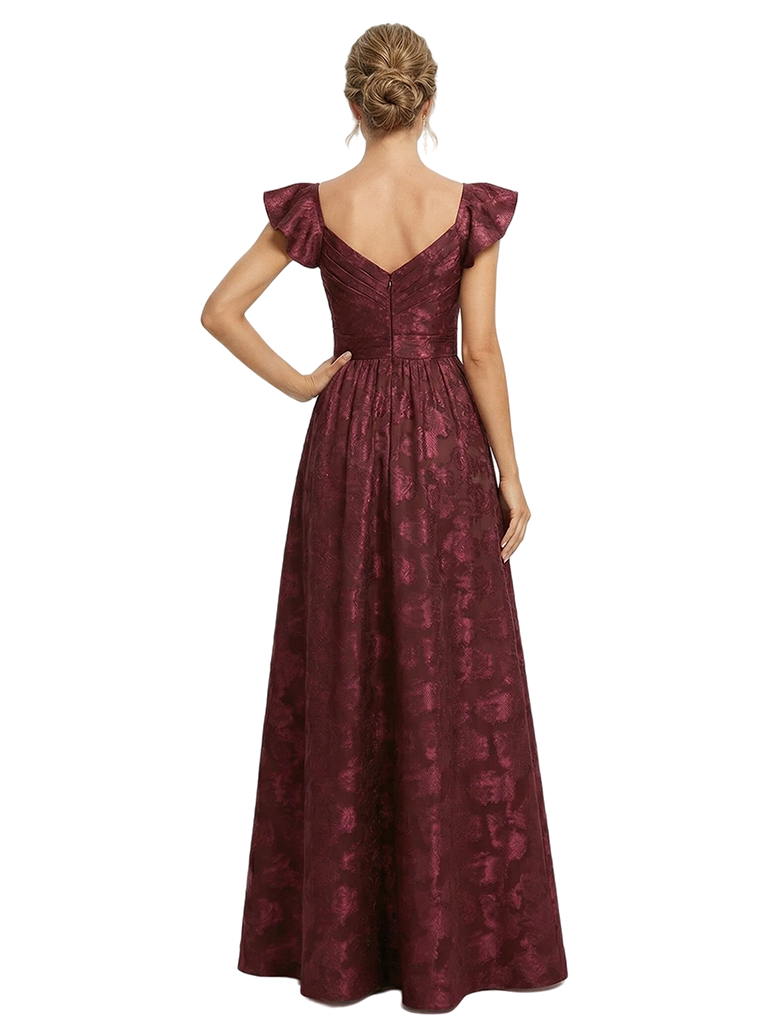 Elegant V-Neck Floral Burnout Chiffon Cap Sleeves A-Line Floor-Length Formal Evening Dresses