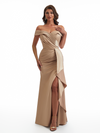 Sexy Off The Shoulder Side Slit Ruffle Mermaid Soft Satin Floor Length Bridesmaid Dresses Online