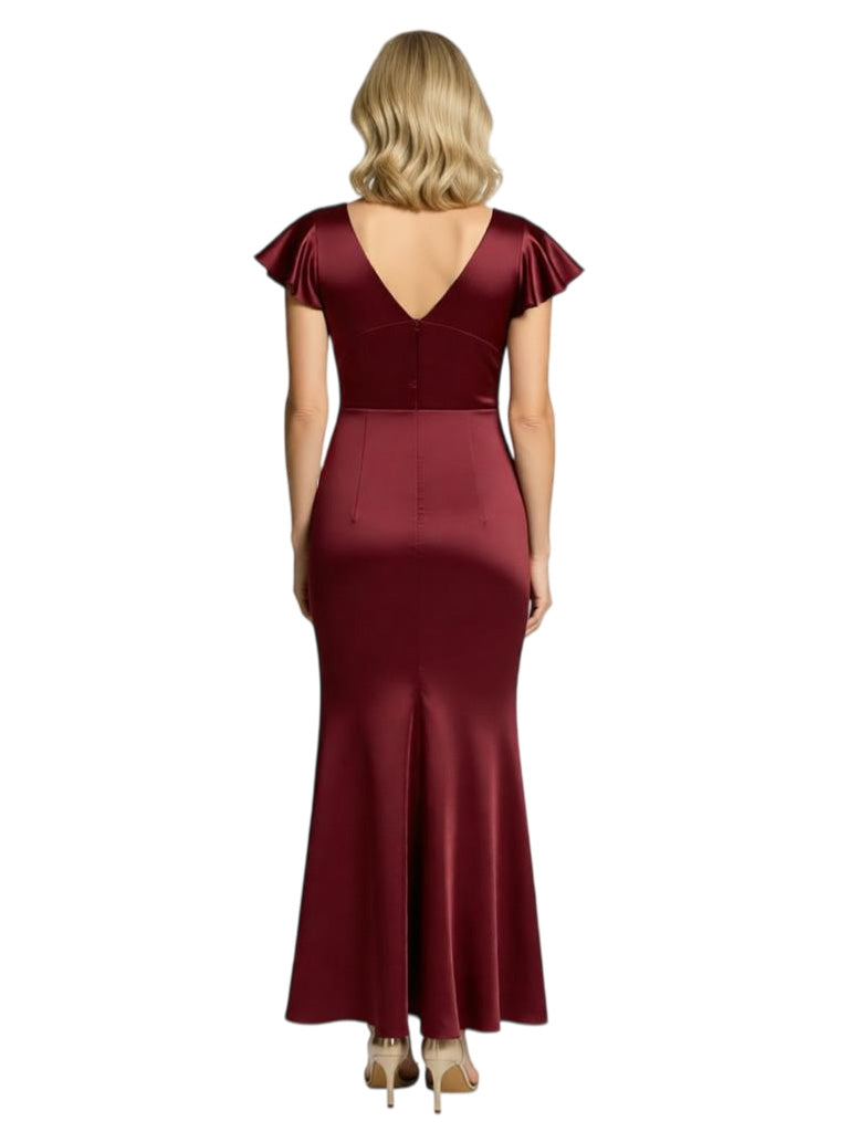 Chicsew Elegant Ruched Flutter Sleeves Satin Mermaid Mother of The Bride Dress