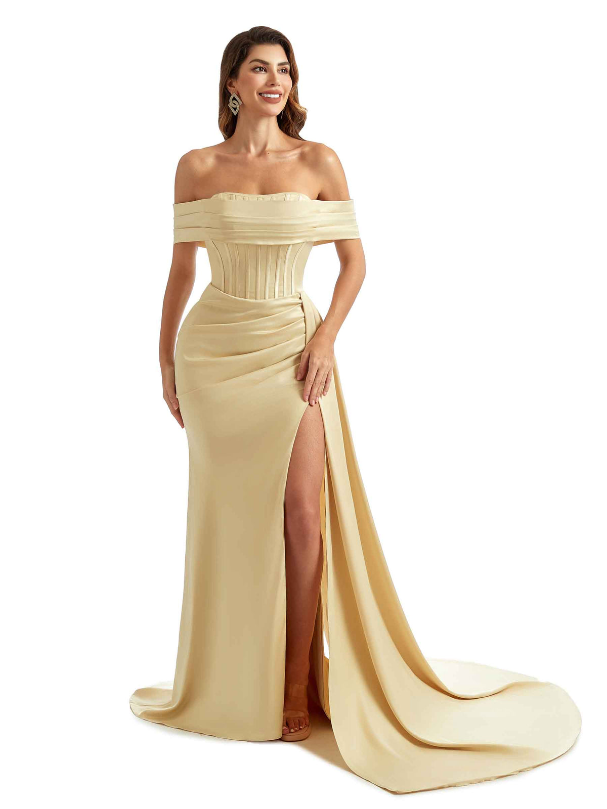 Stretch Satin Off The Shoulder Mermaid Long Pretty Long Bridesmaid Dresses With Slit