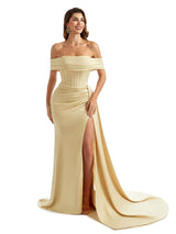Stretch Satin Off The Shoulder Mermaid Long Pretty Long Bridesmaid Dresses With Slit