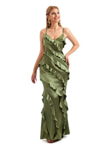 Women Spaghetti Straps Long Satin Ruffles Unique Boho Style Wedding Guest Dresses
