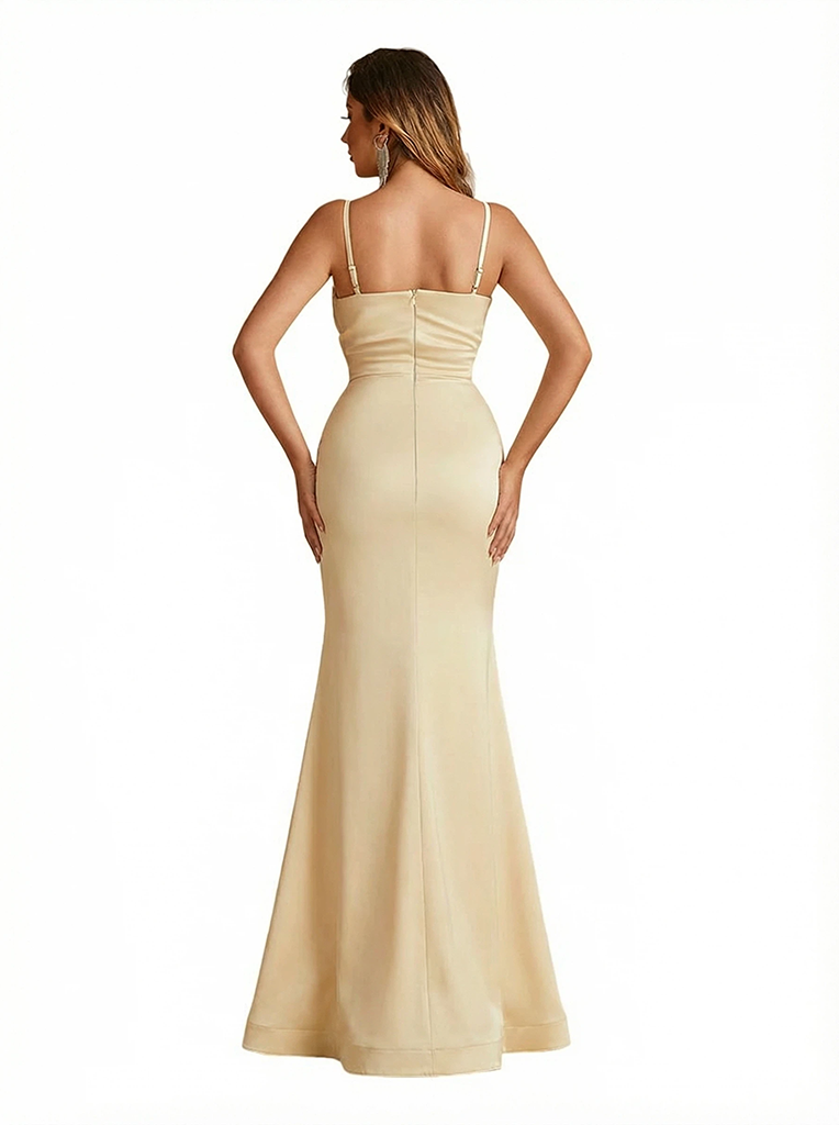 Sexy V-neck Spaghetti Straps Side Slit Mermaid Soft Satin Long Formal Dresses