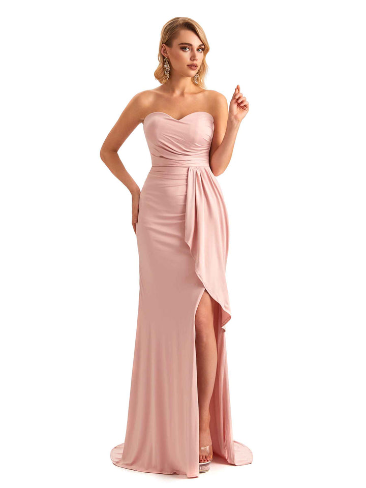 Elegant Mermaid Pleats Strapless Stretchy Jersey Long Formal Bridesmaid Dresses