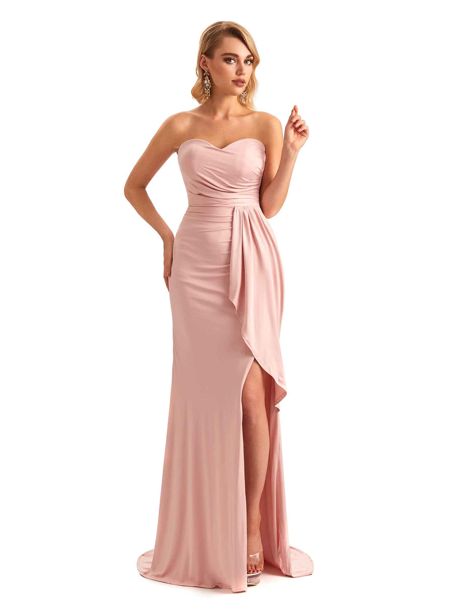 Elegant Mermaid Pleats Strapless Stretchy Jersey Long Formal Bridesmaid Dresses