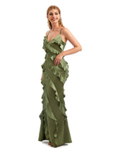 Women Spaghetti Straps Long Satin Ruffles Unique Boho Style Wedding Guest Dresses