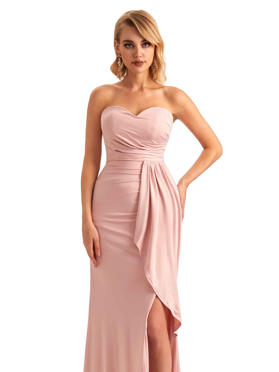 Elegant Mermaid Pleats Strapless Stretchy Jersey Long Formal Bridesmaid Dresses