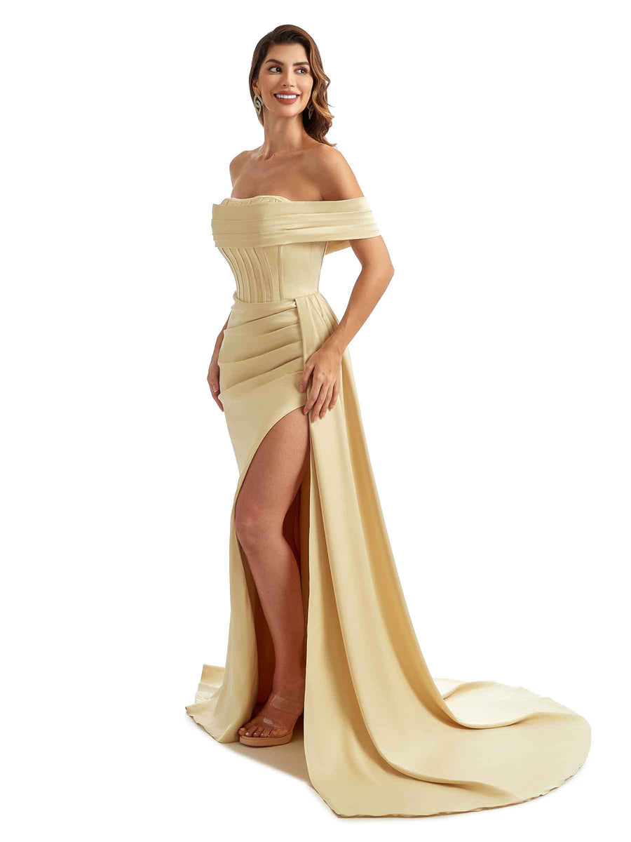 Stretch Satin Off The Shoulder Mermaid Long Pretty Long Bridesmaid Dresses With Slit