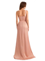 Sexy One Shoulder Side Slit Mermaid Unique Long Satin Party Dress