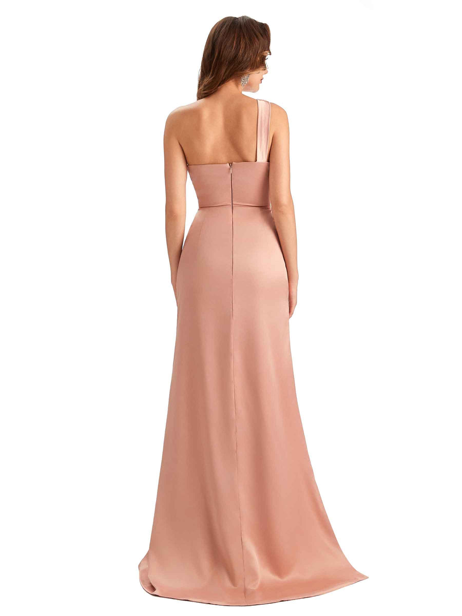 Sexy One Shoulder Side Slit Mermaid Unique Long Satin Party Dress