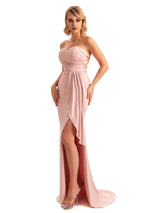Elegant Mermaid Pleats Strapless Stretchy Jersey Long Formal Bridesmaid Dresses