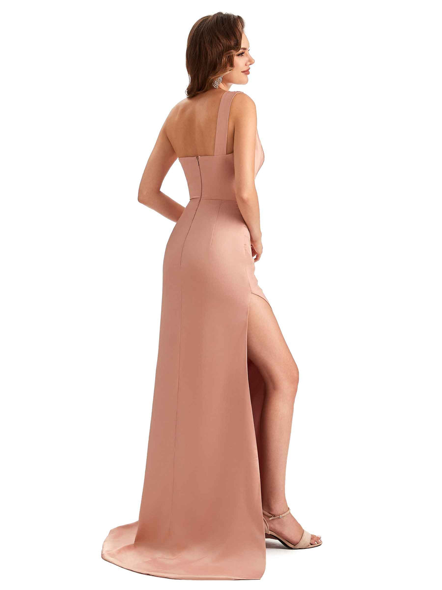 Sexy One Shoulder Side Slit Mermaid Unique Long Satin Party Dress