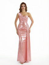 Sexy One Shoulder Mermaid Metallic Shiny Fabric Long Formal Dresses