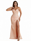 Elegant Sweetheart Strapless Mermaid Ruched Satin Long Formal Dresses Side Slit