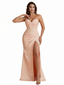 Elegant Sweetheart Strapless Mermaid Ruched Satin Long Formal Dresses Side Slit