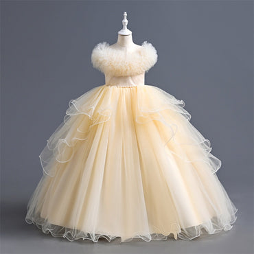 Elegant Long Flower Girls Dress Satin Tulle Princess Gown for Wedding Kids Tutu Dress