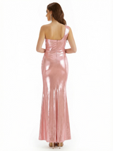 Sexy One Shoulder Mermaid Metallic Shiny Fabric Long Formal Dresses