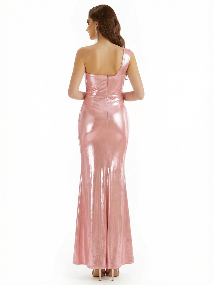 Sexy One Shoulder Mermaid Metallic Shiny Fabric Long Formal Dresses
