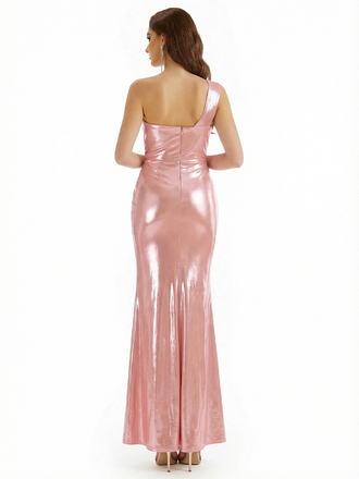 Sexy One Shoulder Mermaid Metallic Shiny Fabric Long Formal Dresses