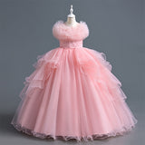 Elegant Long Flower Girls Dress Satin Tulle Princess Gown for Wedding Kids Tutu Dress