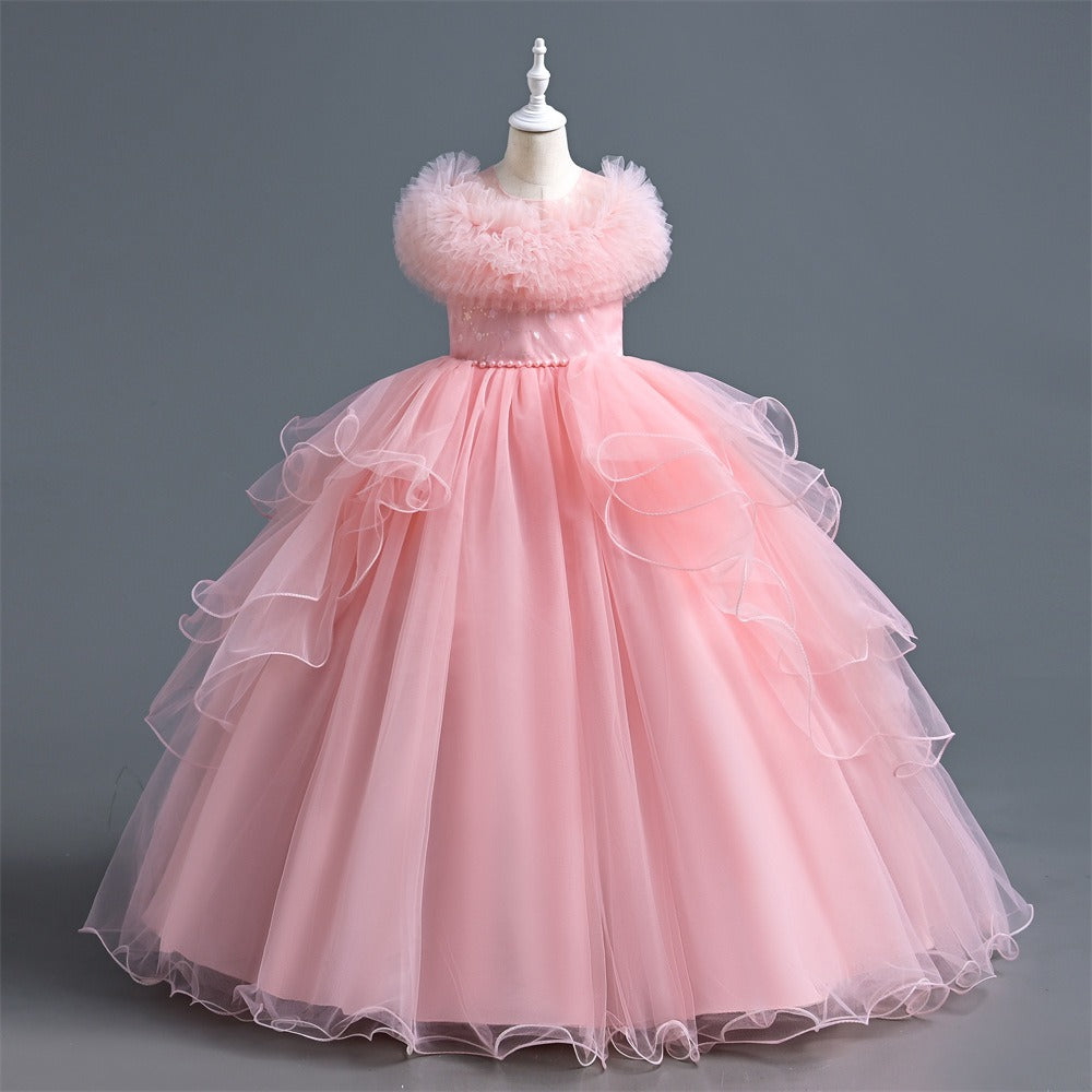 Elegant Long Flower Girls Dress Satin Tulle Princess Gown for Wedding Kids Tutu Dress