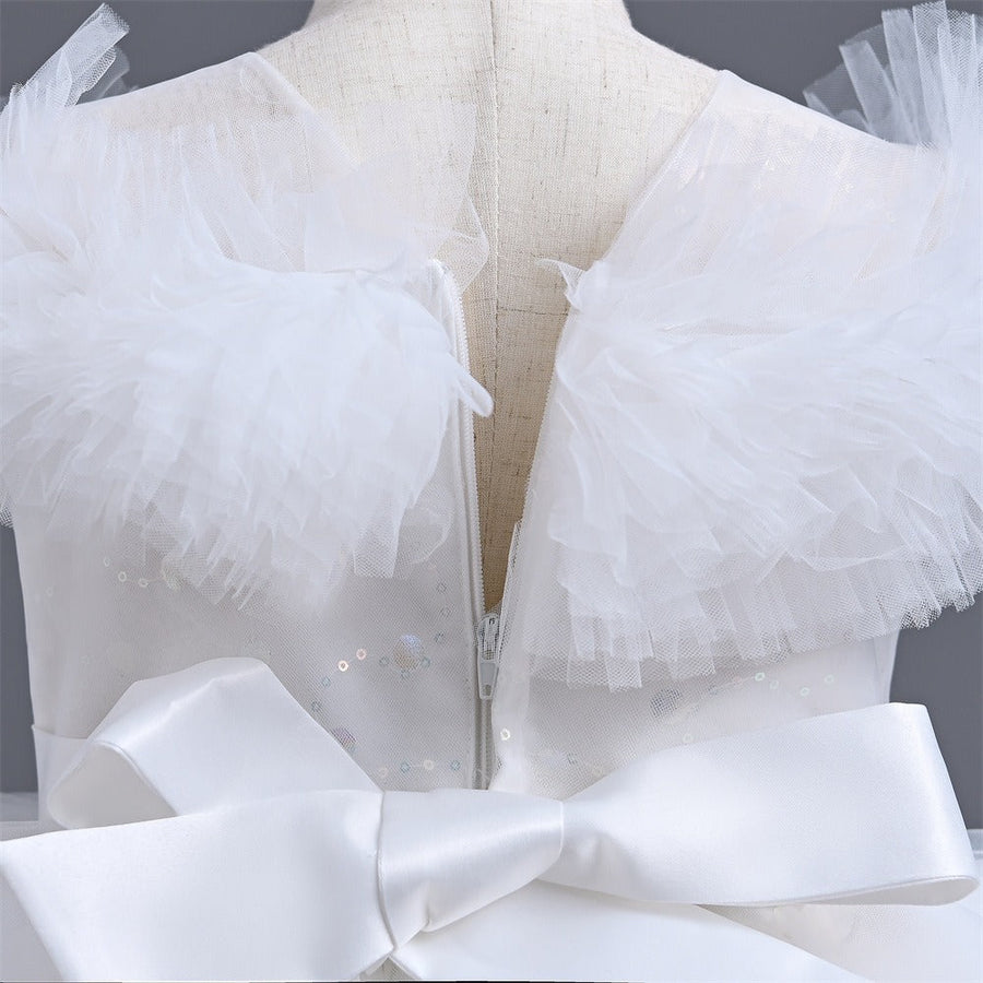 Elegant Long Flower Girls Dress Satin Tulle Princess Gown for Wedding Kids Tutu Dress