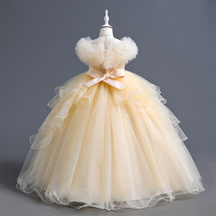 Elegant Long Flower Girls Dress Satin Tulle Princess Gown for Wedding Kids Tutu Dress
