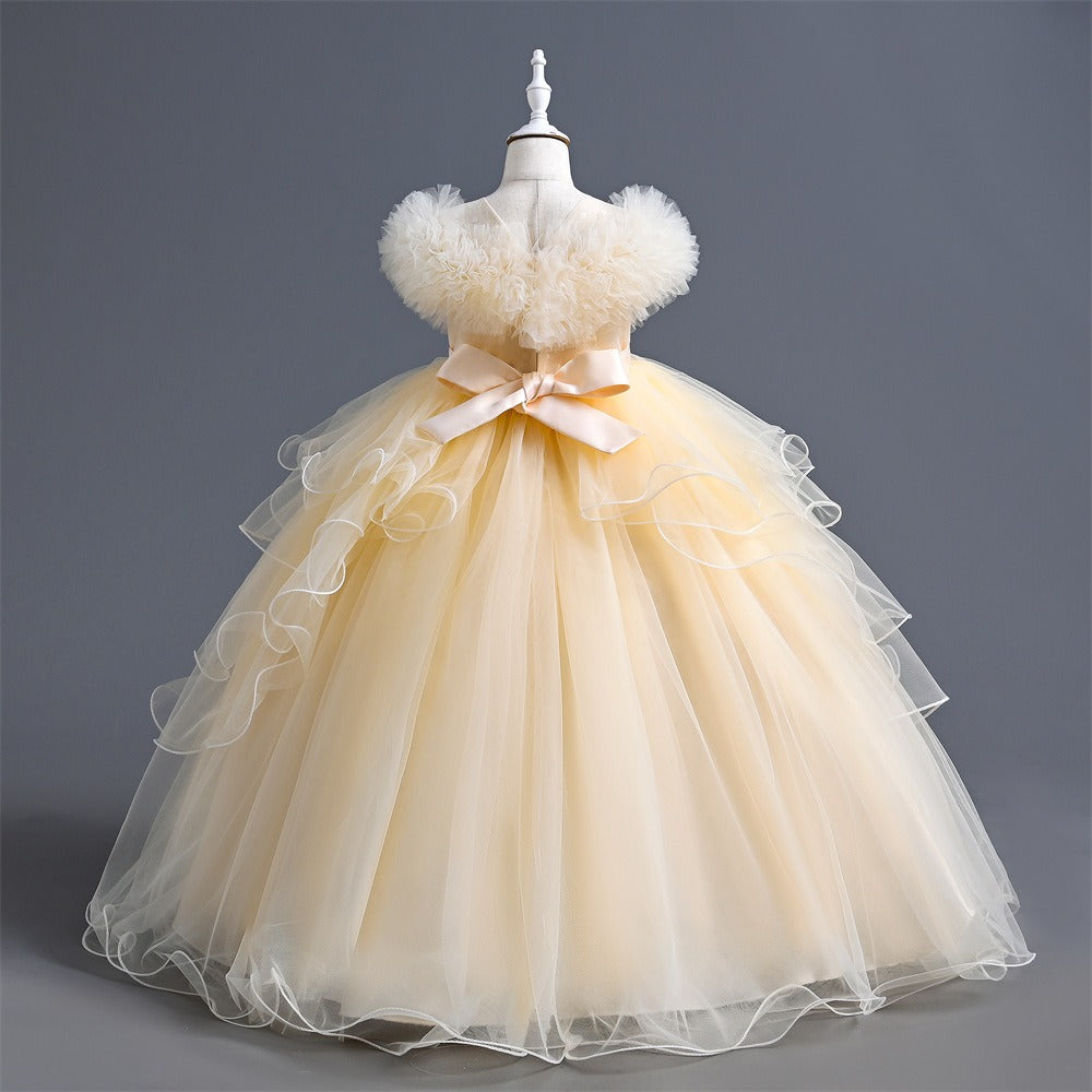 Elegant Long Flower Girls Dress Satin Tulle Princess Gown for Wedding Kids Tutu Dress