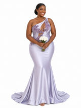 ChicSew Sexy One Shoulder Lace Beaded Mermaid Soft Satin Floor-Length Bridesmaid Dresses