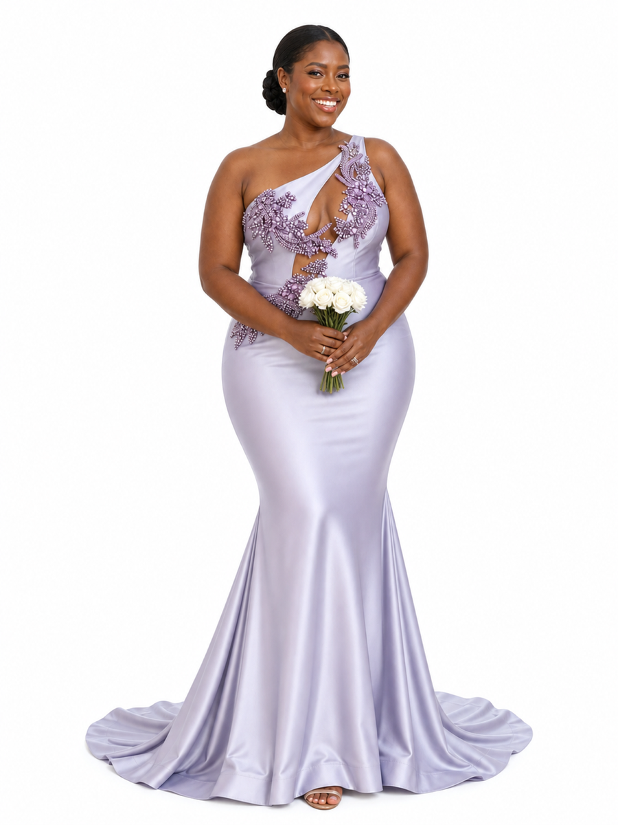 ChicSew Sexy One Shoulder Lace Beaded Mermaid Soft Satin Floor-Length Bridesmaid Dresses