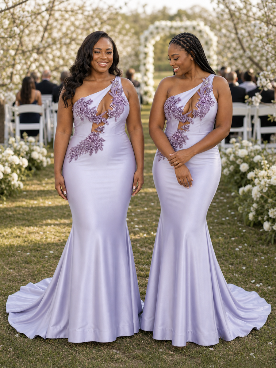 ChicSew Sexy One Shoulder Lace Beaded Mermaid Soft Satin Floor-Length Bridesmaid Dresses