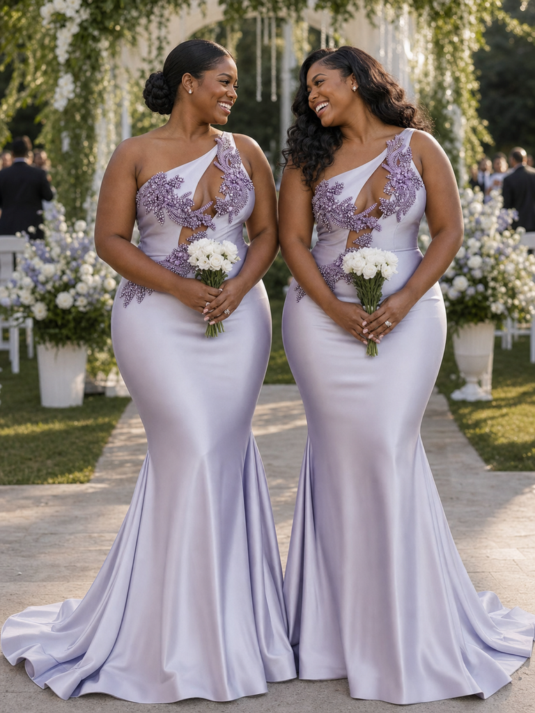 ChicSew Sexy One Shoulder Lace Beaded Mermaid Soft Satin Floor-Length Bridesmaid Dresses