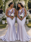 ChicSew Sexy One Shoulder Lace Beaded Mermaid Soft Satin Floor-Length Bridesmaid Dresses