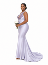 ChicSew Sexy One Shoulder Lace Beaded Mermaid Soft Satin Floor-Length Bridesmaid Dresses